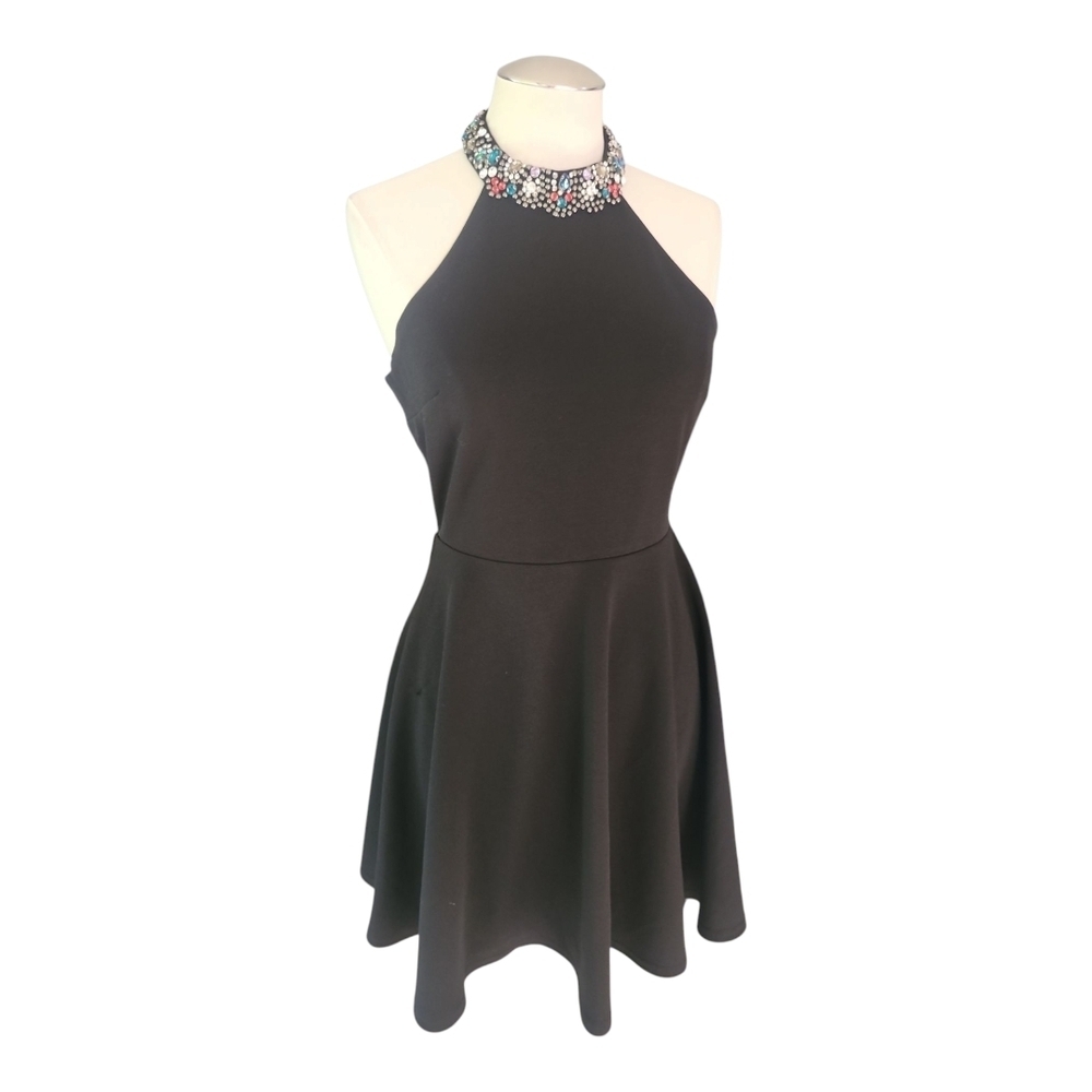 Lulus Black Halter Dress Embellished Neckline Fit Flare Sz S - Picture 3 of 12